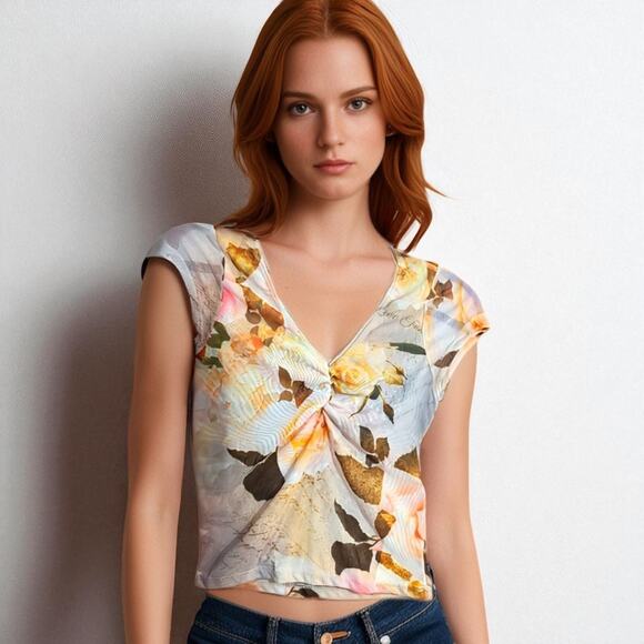 Y2K Rebellious Dreamer XS Babydoll Crop Top V-Neck Floral Girly Coquette Cottage - Picture 1 of 8